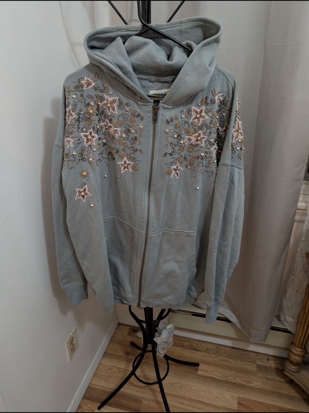 Free People Light Gray Embellished Zip Hoodie Size XS